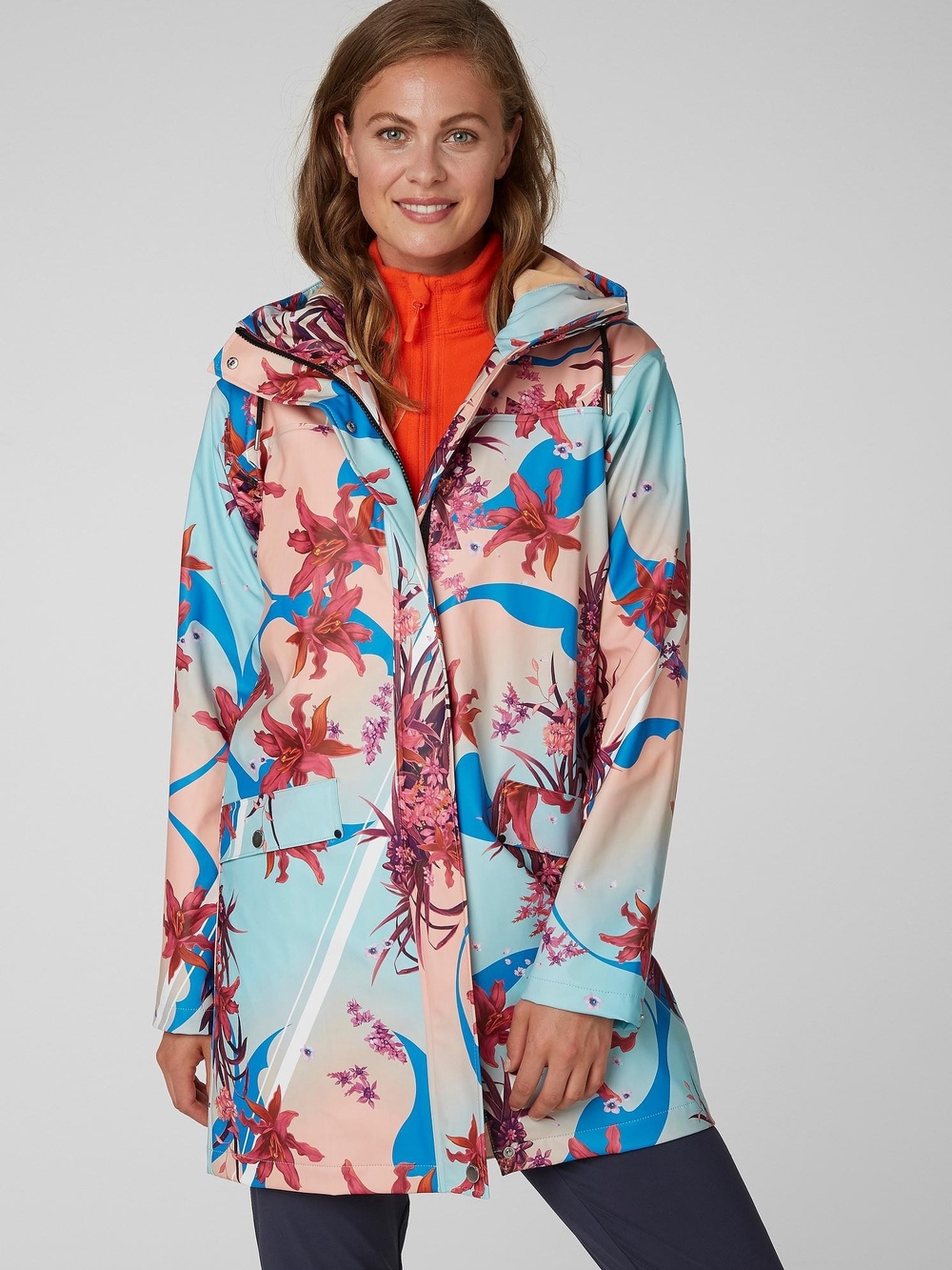 Helly Hansen Floral Printed Waterproof Hooded Raincoat Pastel Blue & Pink Sz XL